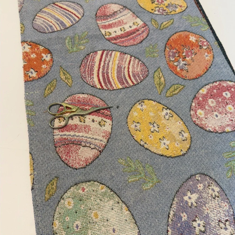 Easter Egg Tapestry Table Runner Blue Woven Cotton Blend Spring Decor 13x70